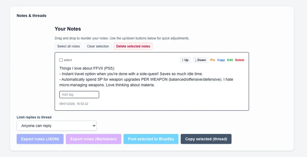 The BlueSky Composer notes and threads interface, with export and post controls