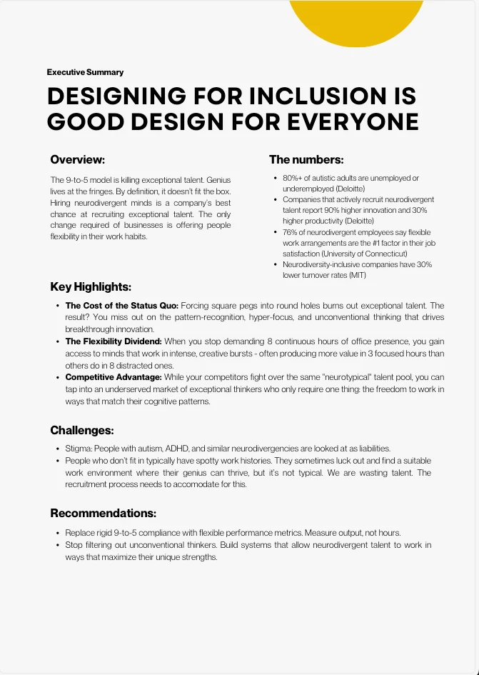 Executive summary for the talk “Designing for inclusion is good design for everyone”